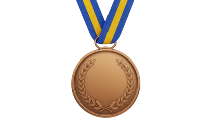 Isolated bronze medal with blue and gold ribbon for sports, achievement, or celebration