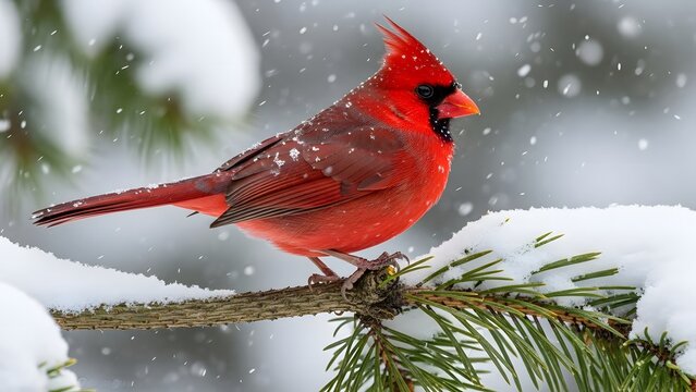 Vibrant red cardinal bird perched on a snow-covered pine branch during a winter snowfall.