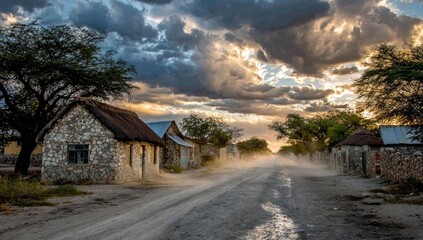 Dusty village street at sunset, dramatic sky