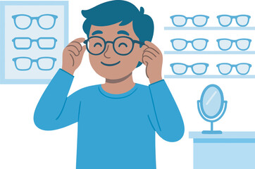 Vision of Clarity A person finding the perfect glasses, enhancing their view with a clear and happy vision.