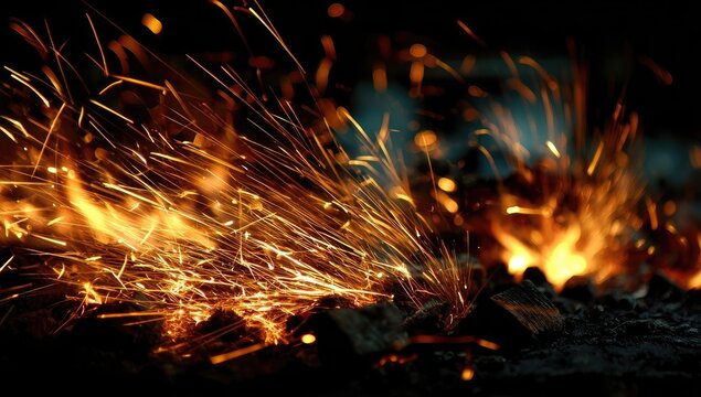 Fiery sparks erupting from a dark forge