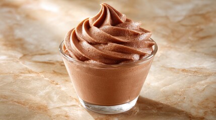 Chocolate mousse in a clear glass cup on a marble surface. The dessert has a smooth, creamy texture and is swirled elegantly.