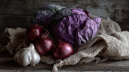 A rustic arrangement of fresh vegetables including purple cabbage, red onions, and garlic on a burlap cloth. The scene has a natural, earthy feel.