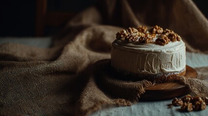 A round cake topped with walnuts sits on a wooden board. The background features a textured brown fabric, creating a warm and inviting atmosphere.