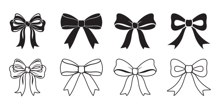 Eight bow tie illustrations in black and white outlines and silhouettes