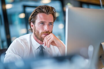 Businessman focused on computer work in a modern office setting during afternoon hours