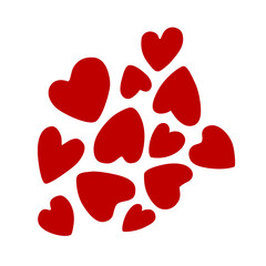 Cloud of red Valentine hearts on white background. Vector isolated illustration