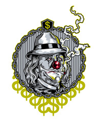 Gangster Clown Character with Money Chain and Smoke Illustration