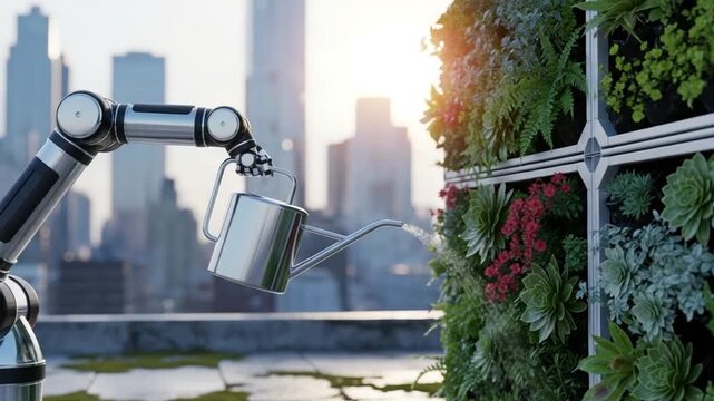 Robotic Gardening in the City: An industrial robot arm carefully tends a vibrant vertical garden on a rooftop, symbolizing the fusion of technology and nature. Set against the urban skyline