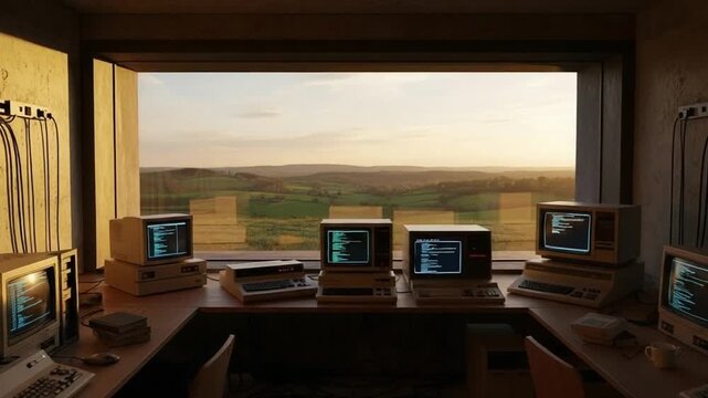 Vintage Computing: A scene of retro technology, with an array of classic computers arrayed along a desk, all set against a tranquil outdoor view.