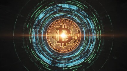 Bitcoin cryptocurrency digital coin glowing in futuristic neon-lit circular interface with radiant light effects - Powered by Adobe