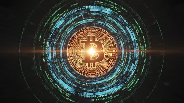 Bitcoin cryptocurrency digital coin glowing in futuristic neon-lit circular interface with radiant light effects