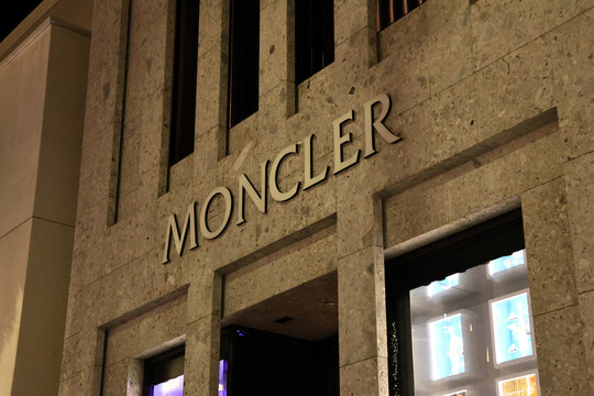 Beverly Hills, California &ndash; November 30, 2025: MONCLER luxury fashion store by night on Rodeo Drive, Beverly Hills