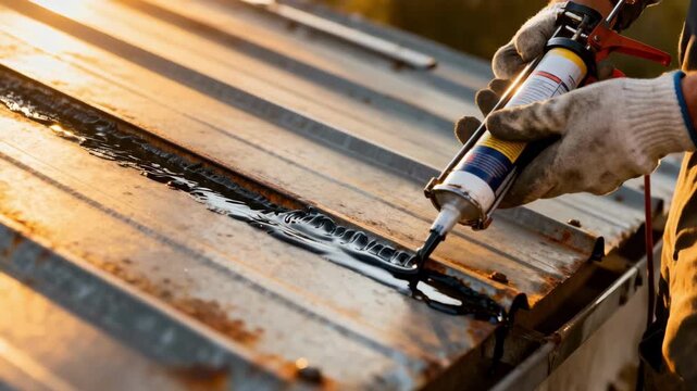 Closeup of hands applying a weatherproof sealant on a zinc roof seam protecting the metal against rust and environmental damage during routine maintenance.