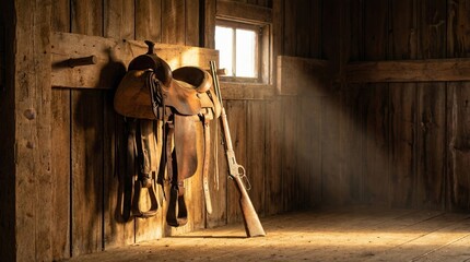 Western saddle and vintage lever action rifle resting against a rough wooden wall inside a rustic barn, with a beam of sunlight illuminating the dusty floor from a small window