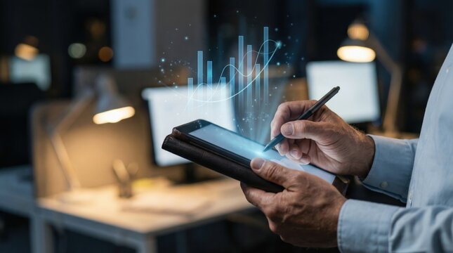 Businessman analyzing financial growth graph with holographic chart - Powered by Adobe