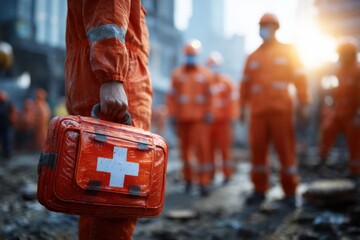 Emergency response team provides medical assistance at disaster site with first aid kit in a chaotic environment during daylight