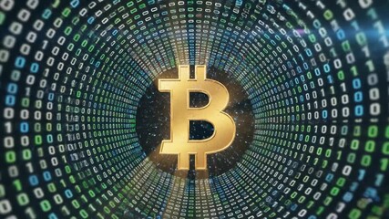 A golden Bitcoin symbol radiates from a digital tunnel filled with binary code in 4K resolution - Powered by Adobe