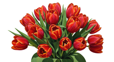 A vibrant bouquet of red and orange tulips with green leaves on a black background red tulips flowers