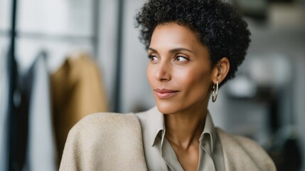 A personal stylist reviewing outfit options with a client in front of a full-length mirror, offering tailored fashion advice focused on body confidence and everyday wear. cinematic color