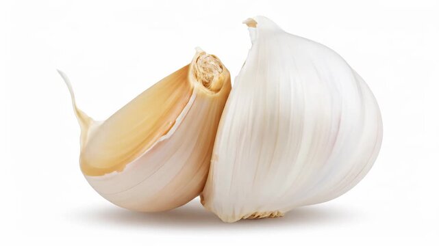 Two cloves of fresh garlic isolated on a white background, ready for cooking.