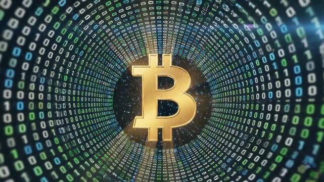 A golden Bitcoin symbol radiates from a digital tunnel filled with binary code in 4K resolution