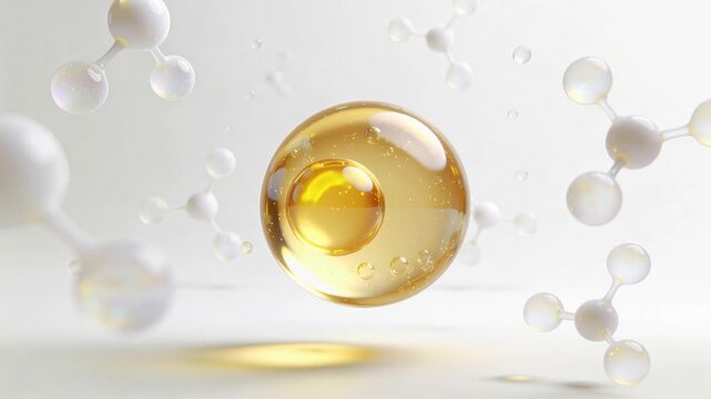 Close-Up of a Golden Oil Droplet Suspended in Mid-Air Surrounded by Floating White Molecules luxury skincare concept.