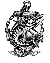Vintage Fishing Anchor with Marlin Fish Vector T-Shirt Design