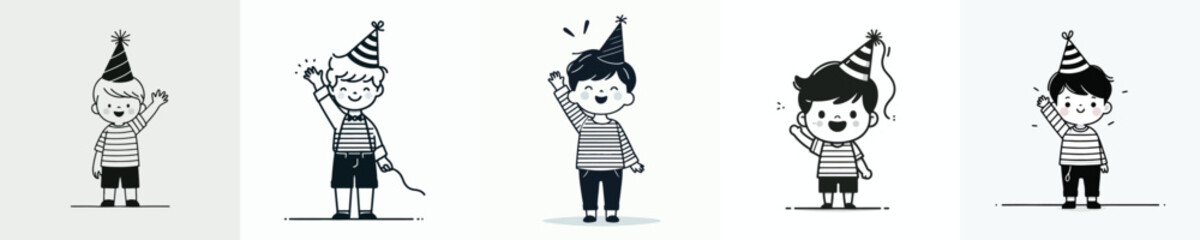 vector line art of a little boy stand waving his hand wearing a party hat © My_Vector