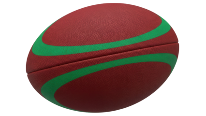 Isolated Rugby ball with green stripes against a neutral backdrop, sports equipment