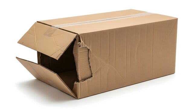 Damaged brown cardboard shipping box with torn open side and flaps cardboard box