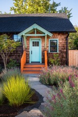 Brightly painted door welcomes visitors to a well-designed house with a cozy front yard featuring vibrant plants and a clear pathway leading to the entrance during daylight
