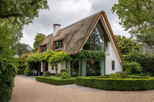 A charming house featuring a thatched roof stands gracefully amidst lush greenery, with a gravel pathway winding through the garden on a cloudy day