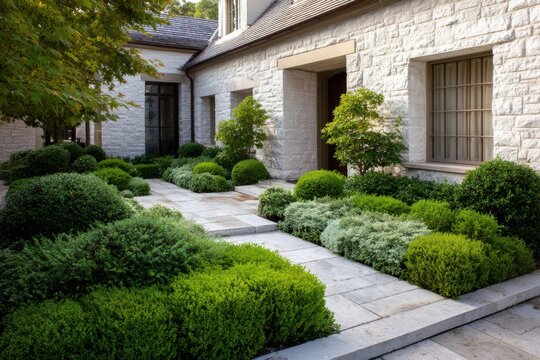Gardens with green bushes and stone pathway near a house in a sunny day, showing the design and layout of outdoor space with various plants