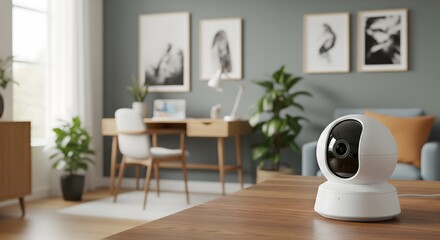 Smart home security camera placed in a modern living room interior, symbolizing home surveillance, safety, monitoring technology, smart living, indoor security solutions, family protection