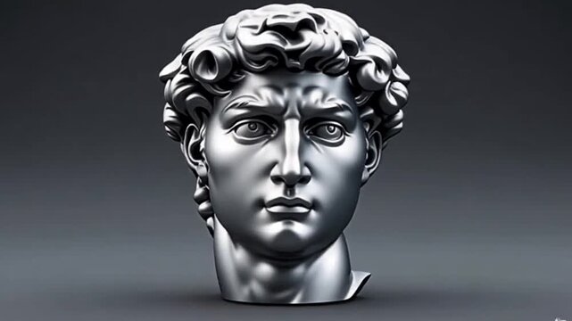 3D animation of a metallic statue inspired by the head of David, composed of rotating disks that gradually align to form the complete shape. Abstract composition symbolizing problem-solving and the re