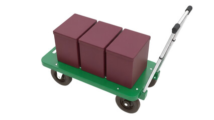 Isolated hand truck with three boxes, moving stuff, furniture shipping, delivery equipment
