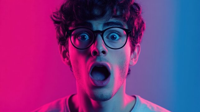 Close-up portrait of a young man with glasses, mouth open in shock, illuminated by pink and blue neon lights.