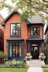 Fototapeta premium This contemporary brick home features striking dark trim and expansive windows, nestled within a serene, tree-lined residential area, basking in the bright daylight