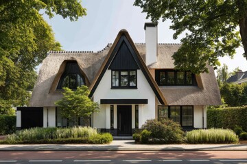 Modern house with a thatched roof and large windows located in a suburban area during daytime surrounded by trees and greenery