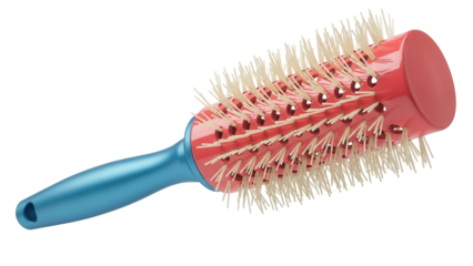 Isolated round hairbrush with blue handle and red cylinder for salon use or personal care tool