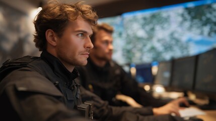 Police radio communication in a command center, with large digital maps and live feeds in the background illustrating coordinated dispatch and response management. cinematic color correction,