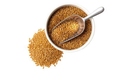 Isolated bowl of golden flax seeds with serving scoop is a nutritious food source