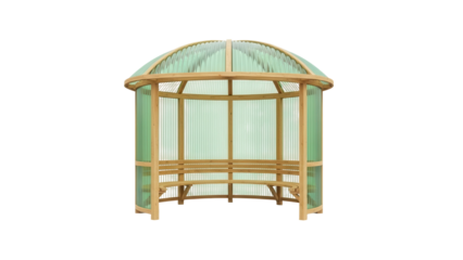 Isolated wooden pavilion with a curved roof and bench, great for backyards and parks