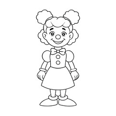 Obraz premium Cute cartoon clown girl smiles playfully, wearing a big bow, striped dress, and round shoes, with simple outlines and fun details, perfect for kids to color and enjoy. 