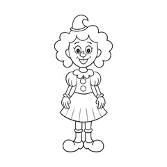 Cute cartoon clown girl smiles playfully, wearing a big bow, striped dress, and round shoes, with simple outlines and fun details, perfect for kids to color and enjoy.
