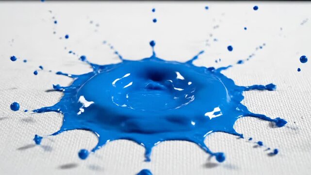 Extremely slow motion close-up shot of a bright blue paint droplet hitting the pristine white surface of a large blank artist's canvas wet, texture, painting