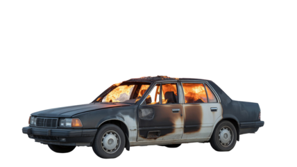 Old Abandoned Car Engulfed in Flames and Fire Isolated on White Background for Accident Emergency and Disaster Response Concepts on a transparent background 