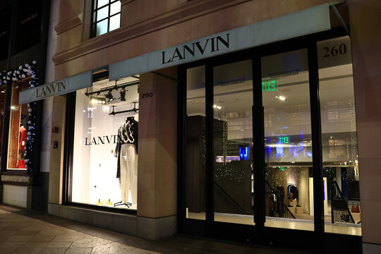 Beverly Hills, California &ndash; November 30, 2025: LANVIN luxury fashion boutique by night on Rodeo Drive, Beverly Hills 