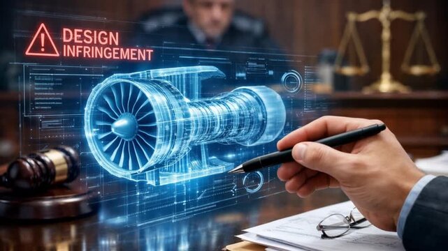 legal intellectual property trial concept. A hand holds a pen over a holographic design infringement display.